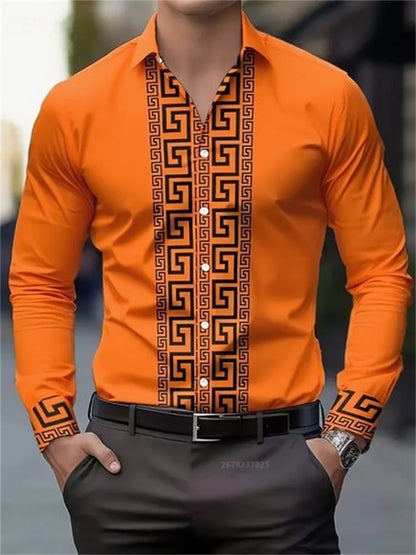 Men's orange long-sleeve button-up shirt with black geometric pattern on front and cuffs, worn with black belt and dark pants