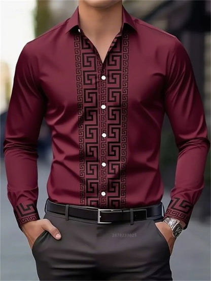Men's burgundy long-sleeve shirt with black geometric pattern, button-up front, paired with black belt and watch
