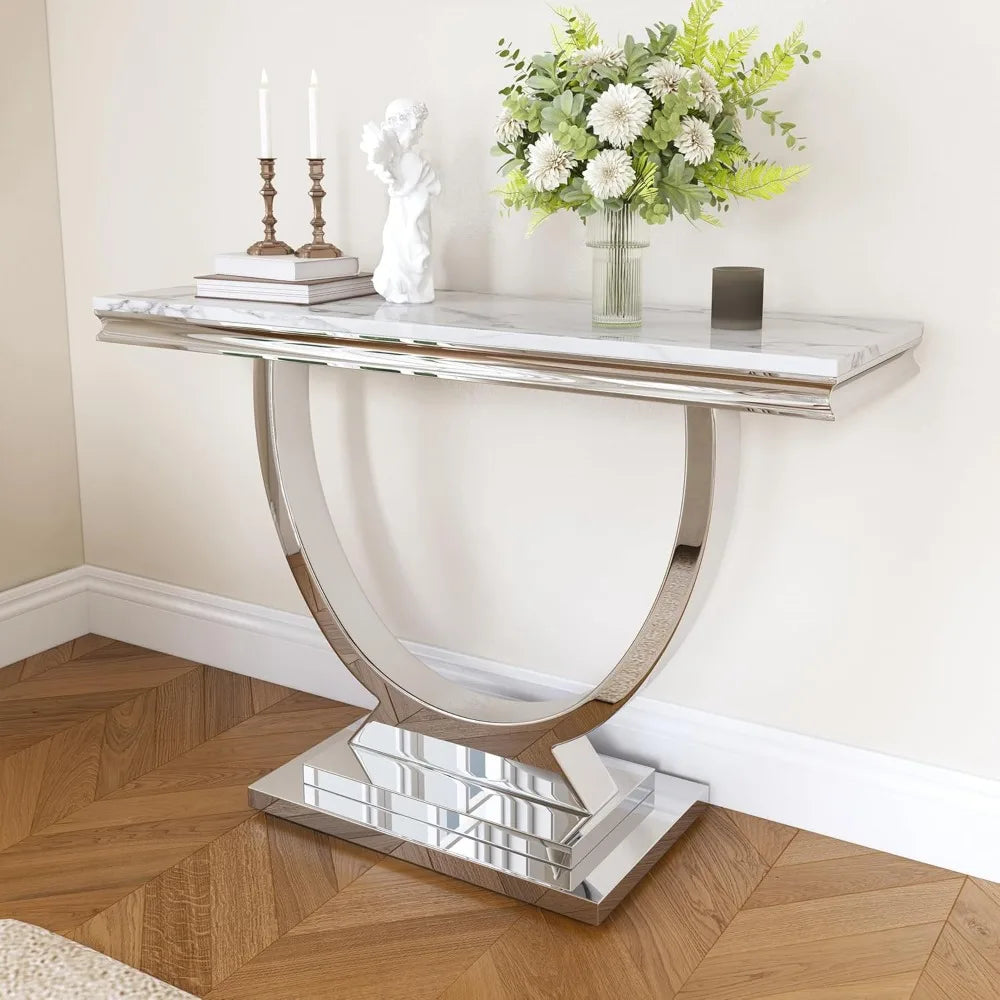 Modern Faux Marble Console Table with Silver Metal Frame