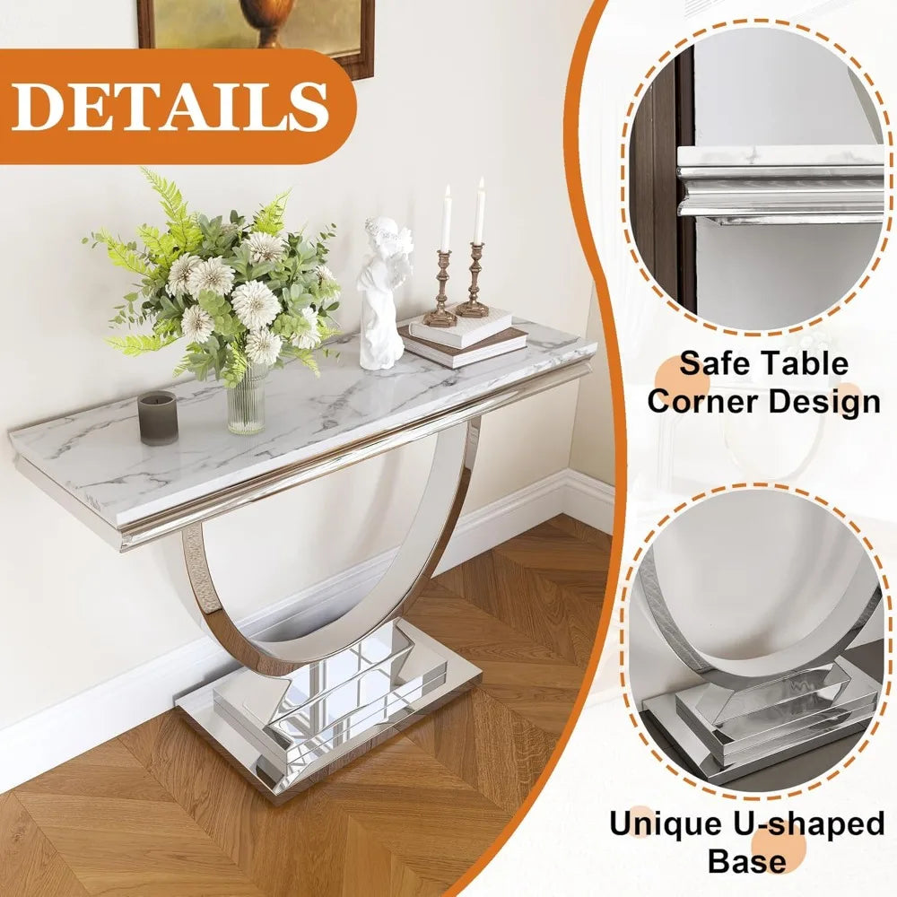 Modern Faux Marble Console Table with Silver Metal Frame
