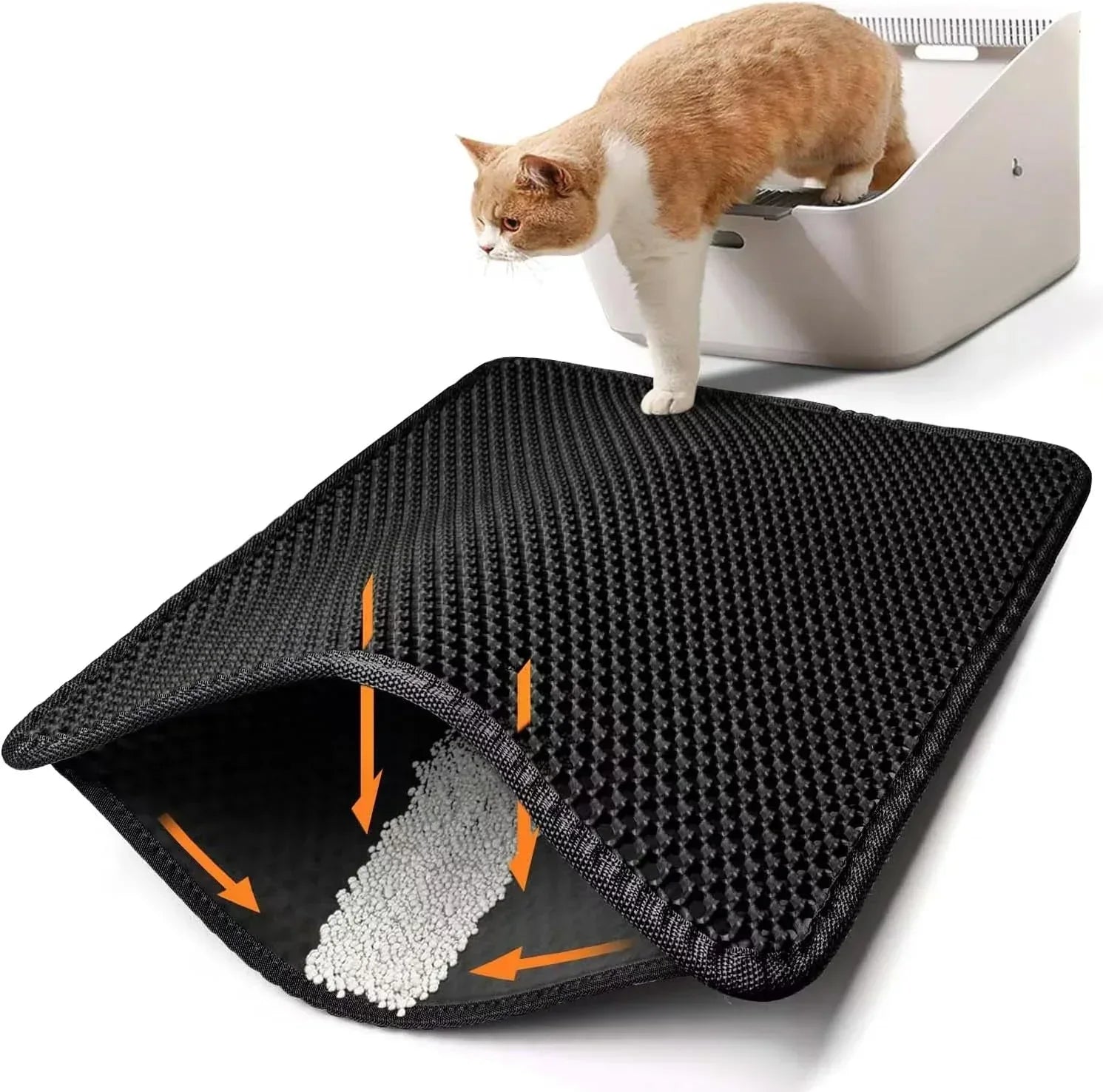 Cat stepping from litter box onto no-mess litter mat trapping paw debris