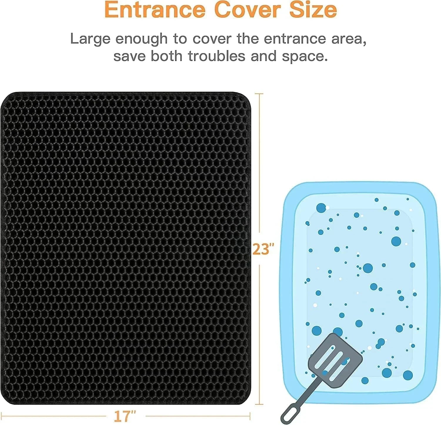 Large black honeycomb cat litter mat measures 17x23 inches next to illustrated litter box.