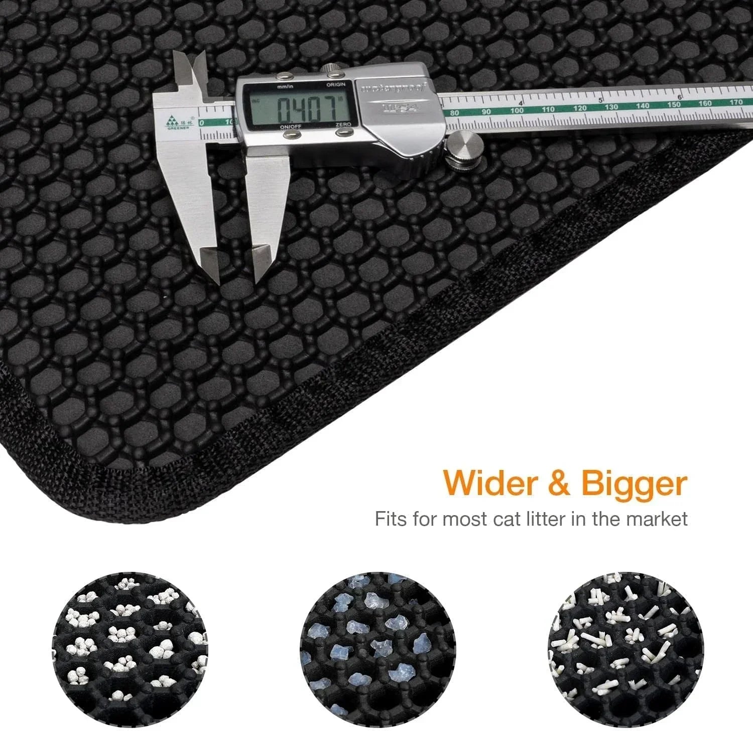 Black cat litter mat with honeycomb texture measured by caliper, showing trapped litter.