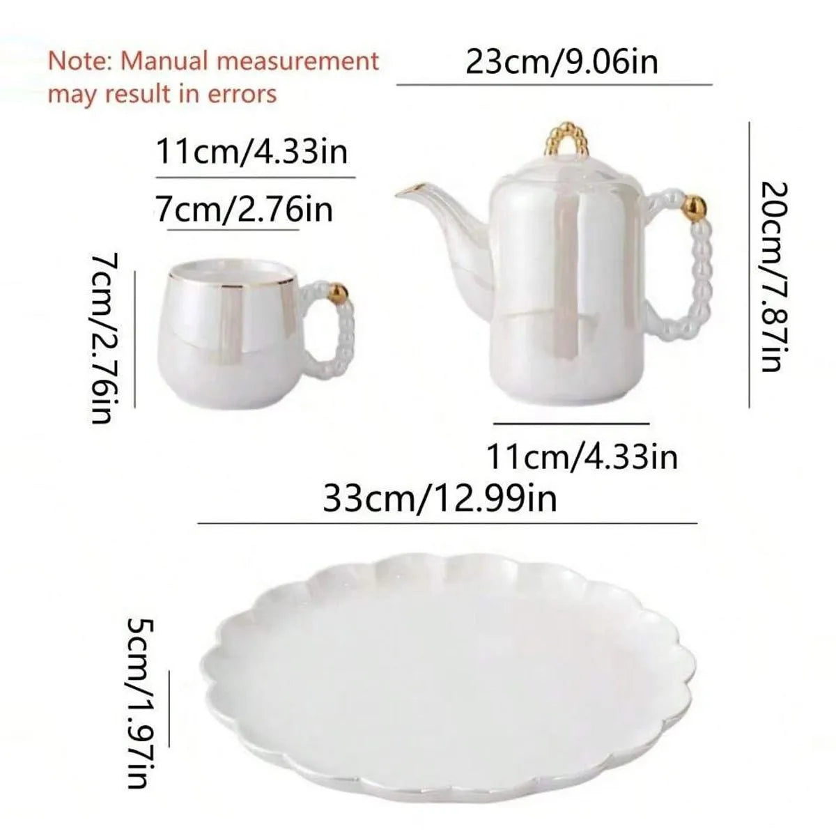 White pearl glazed porcelain tea set with teapot, teacup, and scalloped plate, European style, detailed with gold accents and measurements