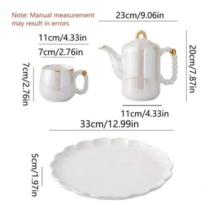 White pearl glazed porcelain tea set with teapot, teacup, and scalloped plate, European style, detailed with gold accents and measurements