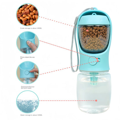 Portable blue dog water bottle with 180ml food storage and 330ml water compartment for pet hydration on the go