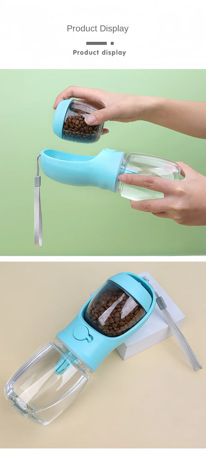 Portable blue dog water bottle with detachable food storage container and wrist strap