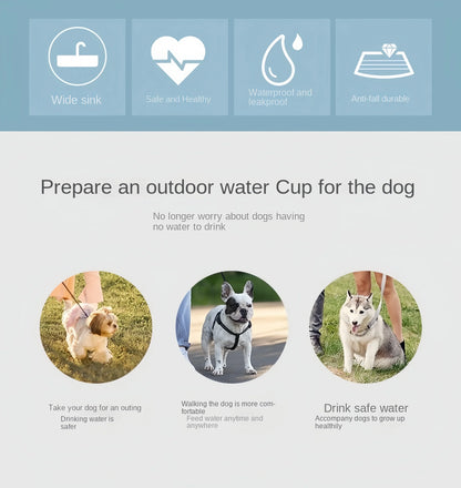 Infographic showing benefits of outdoor dog water cup with icons for wide sink, safe, waterproof, and durable features and images of dogs