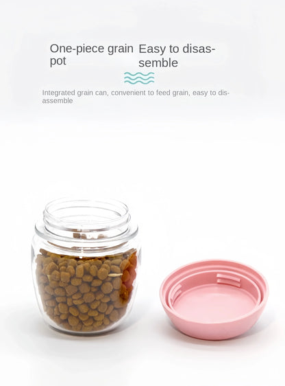 Clear pet food container filled with kibble and pink detachable lid showcasing easy disassembly