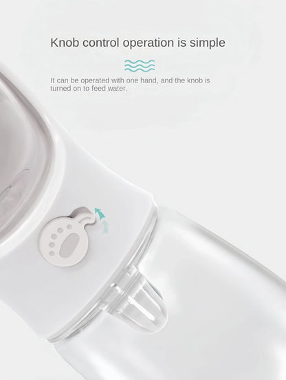 Close-up of portable dog water bottle knob control for one-hand operation to feed water