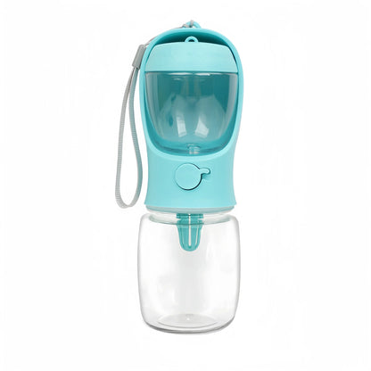 Portable blue dog water bottle with attached food storage container and wrist strap