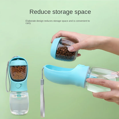 Portable blue dog water bottle with food storage compartment, designed to reduce storage space and easy to carry