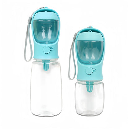 Two blue portable dog water bottles with attached bowls and clear storage containers for travel