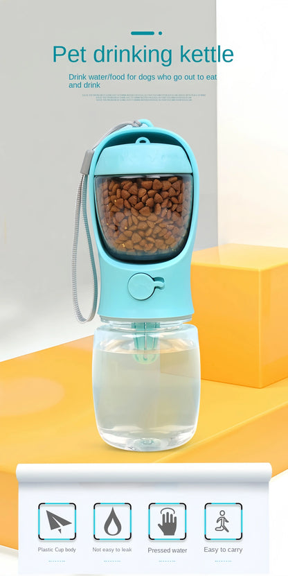 Blue portable pet water bottle with food storage, filled with kibble and water, with wrist strap