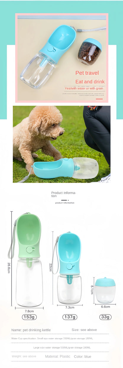 Portable blue pet water bottle with food storage, lightweight plastic design for dog travel and outdoor use