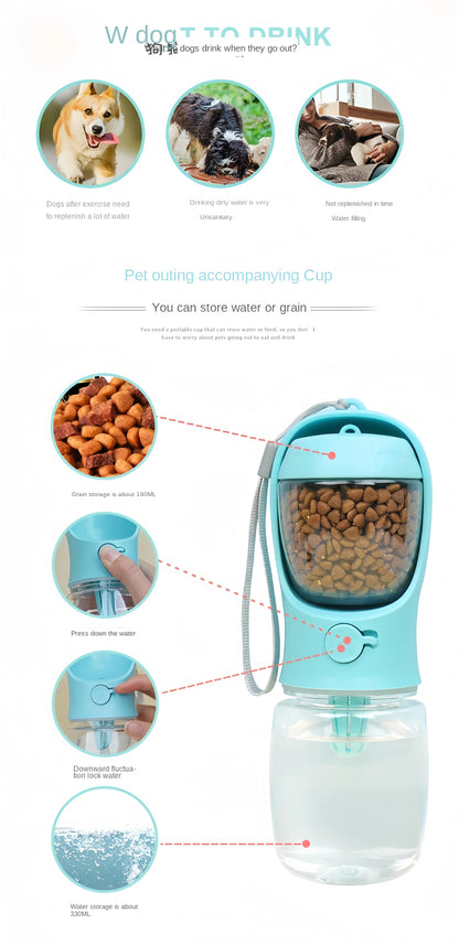 Portable blue dog water bottle with detachable grain storage, water press button, and 330ml capacity for pet outings