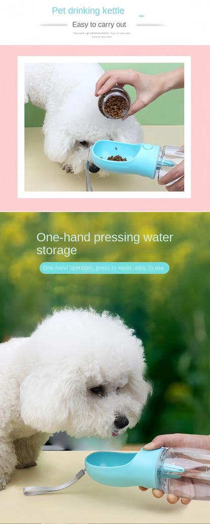 Portable blue dog water bottle with food storage being used to feed a small white fluffy dog indoors