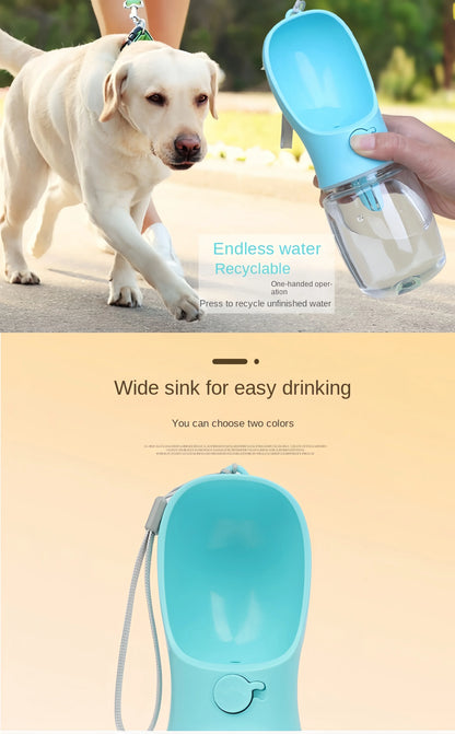 Portable blue dog water bottle with wide sink for easy drinking and recyclable water feature shown with Labrador outdoors