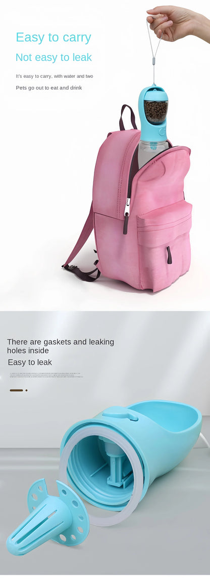 Portable blue dog water bottle with food storage, leak-proof design, shown with pink backpack