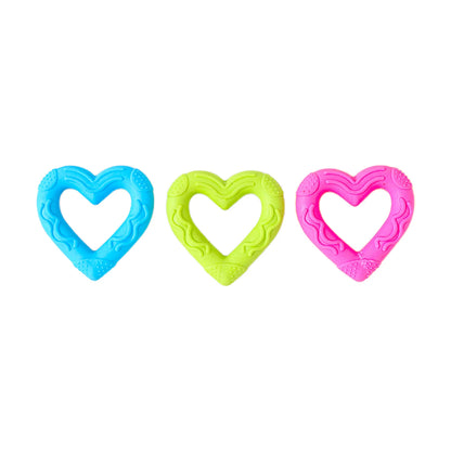 Set of three colorful heart-shaped rubber resistance chew toys for small dogs in blue, green, and pink