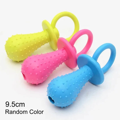 Set of three colorful rubber chew toys for small dogs with textured surfaces in yellow, pink, and blue