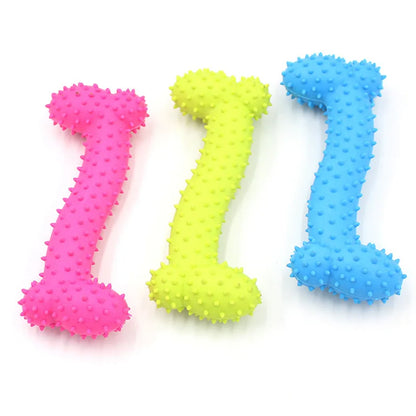 Colorful rubber spiked chew toys shaped like bones in pink, yellow, and blue for small dog teeth cleaning