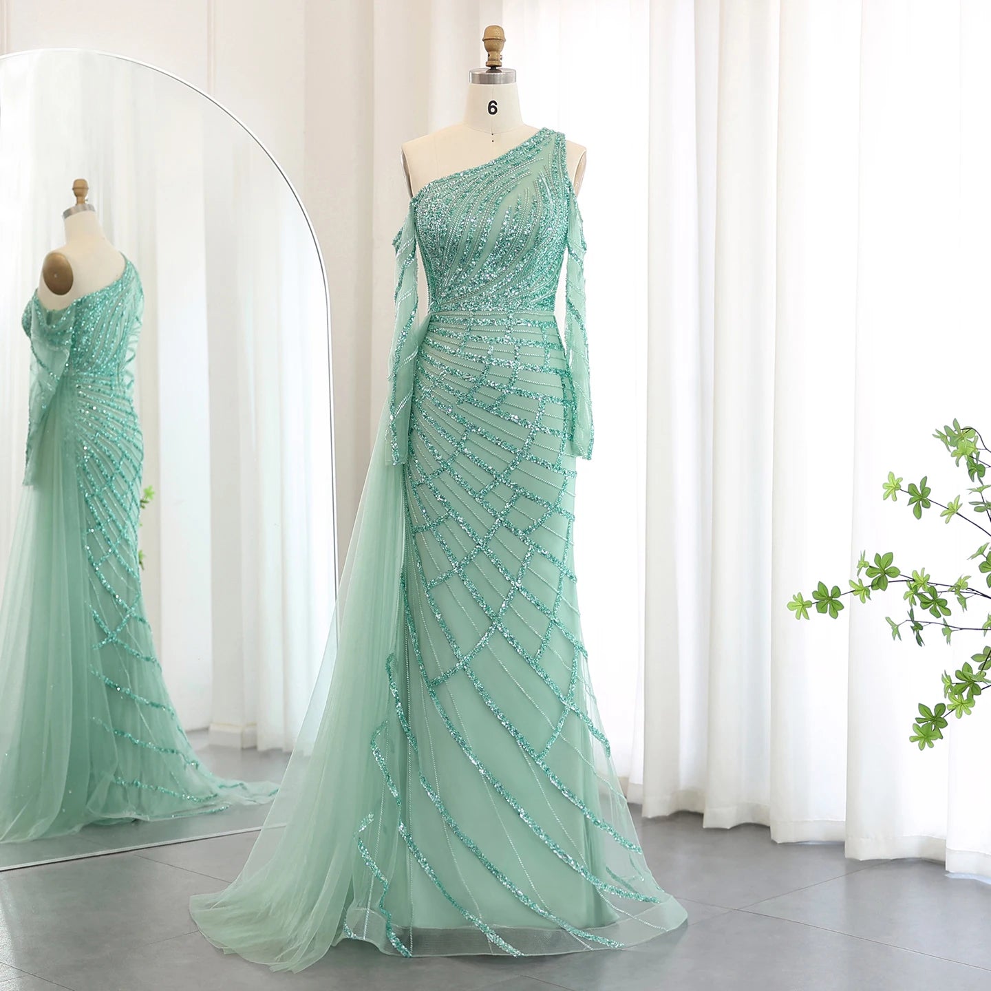 Mermaid gown with one-shoulder beaded luxury