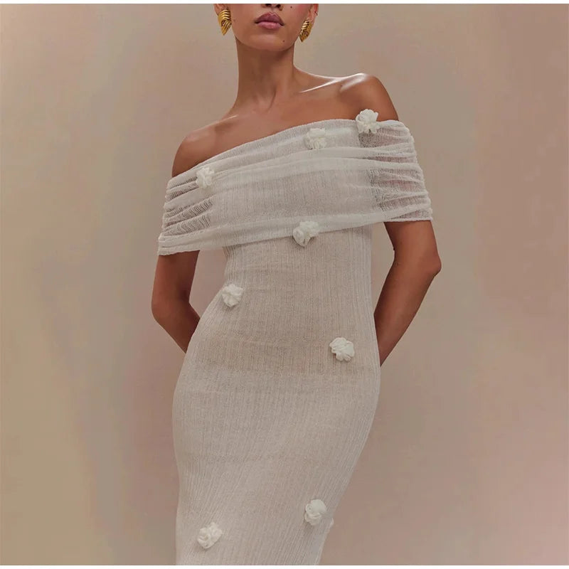 3D Floral Off-Shoulder Maxi Dress