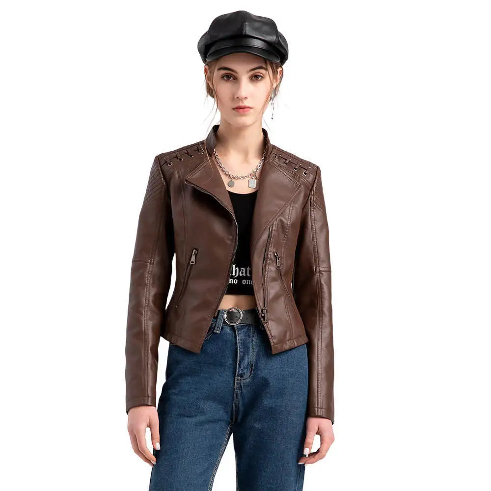 Women’s 12-Color PU Leather Jacket – Lapel Zip-Up Overcoat S–4XL
