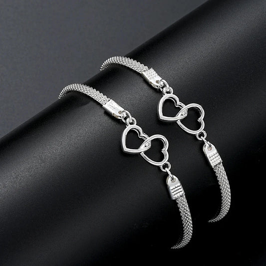 2-Piece Love Heart Couple Bracelets Set – Silver Double Layer Matching Chain for Men & Women