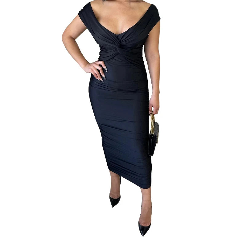 Women Evening Dresses V-neck Pleated Cocktail Elegant Party Dress