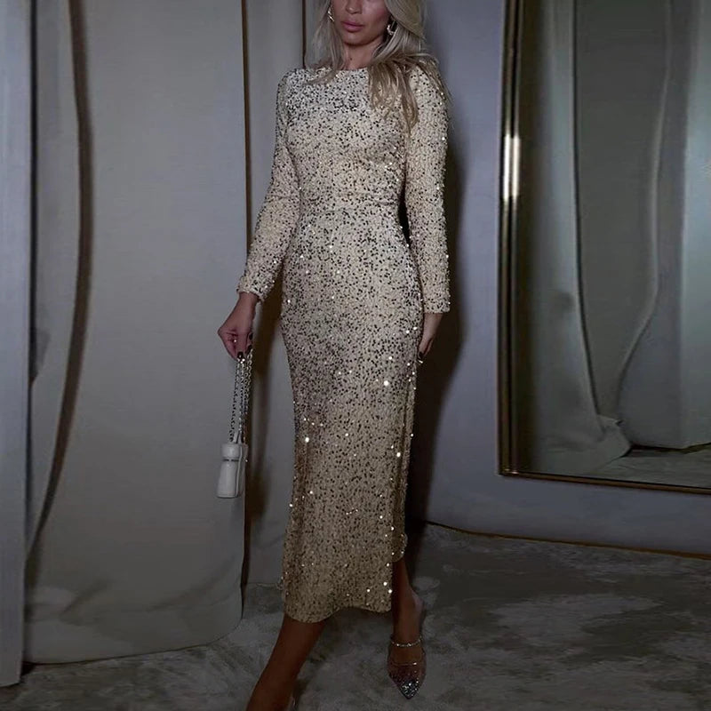 Women Dress Sexy Shiny Glitter Sequin Long Party Dress 2024 Spring Autumn O-neck Long Sleeve Slim Bodycon Maxi Dresses Vestidos