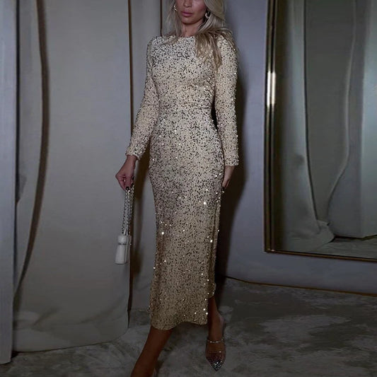 Women Dress Sexy Shiny Glitter Sequin Long Party Dress 2024 Spring Autumn O-neck Long Sleeve Slim Bodycon Maxi Dresses Vestidos