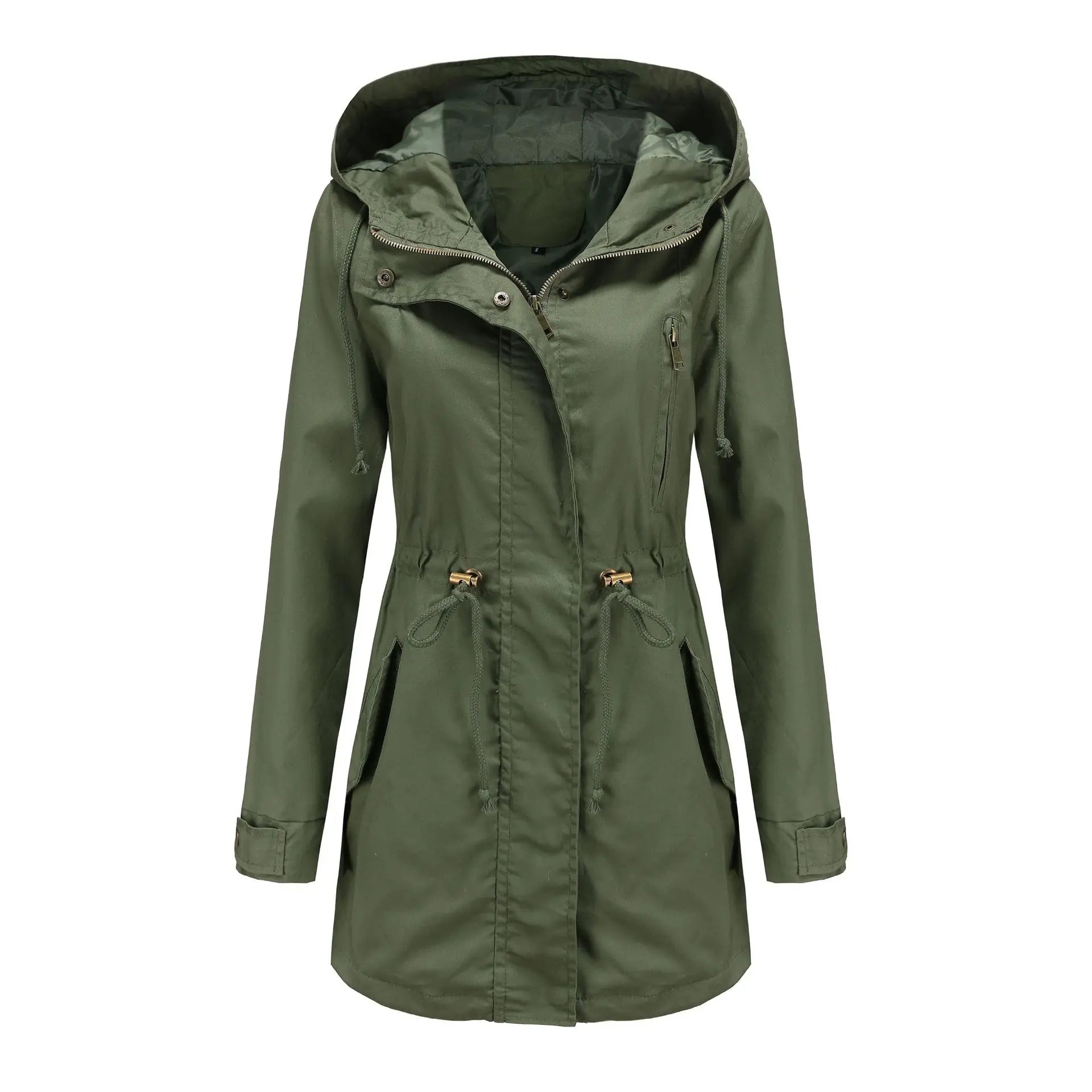 Burgundy Women Hooded Jacket, Green Long Sleeves Windproof Jackets