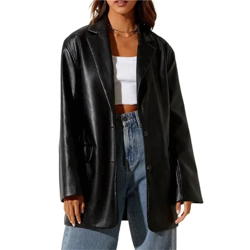 Women’s Vintage Faux Leather Blazer – Long Sleeve Streetwear Jacket with Flap Pockets