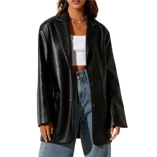 Women’s Vintage Faux Leather Blazer – Long Sleeve Streetwear Jacket with Flap Pockets