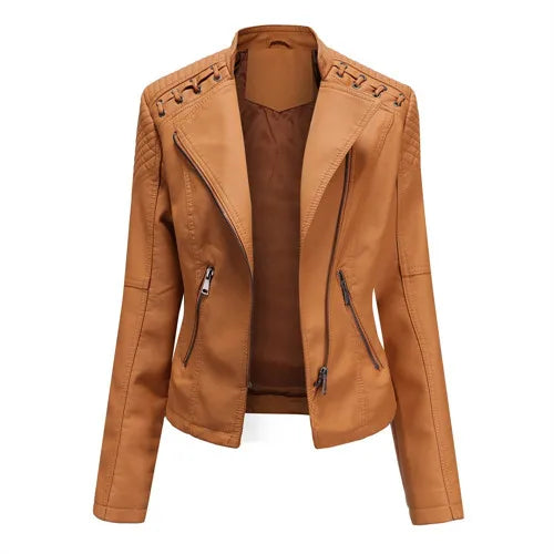 Women’s 12-Color PU Leather Jacket – Lapel Zip-Up Overcoat S–4XL