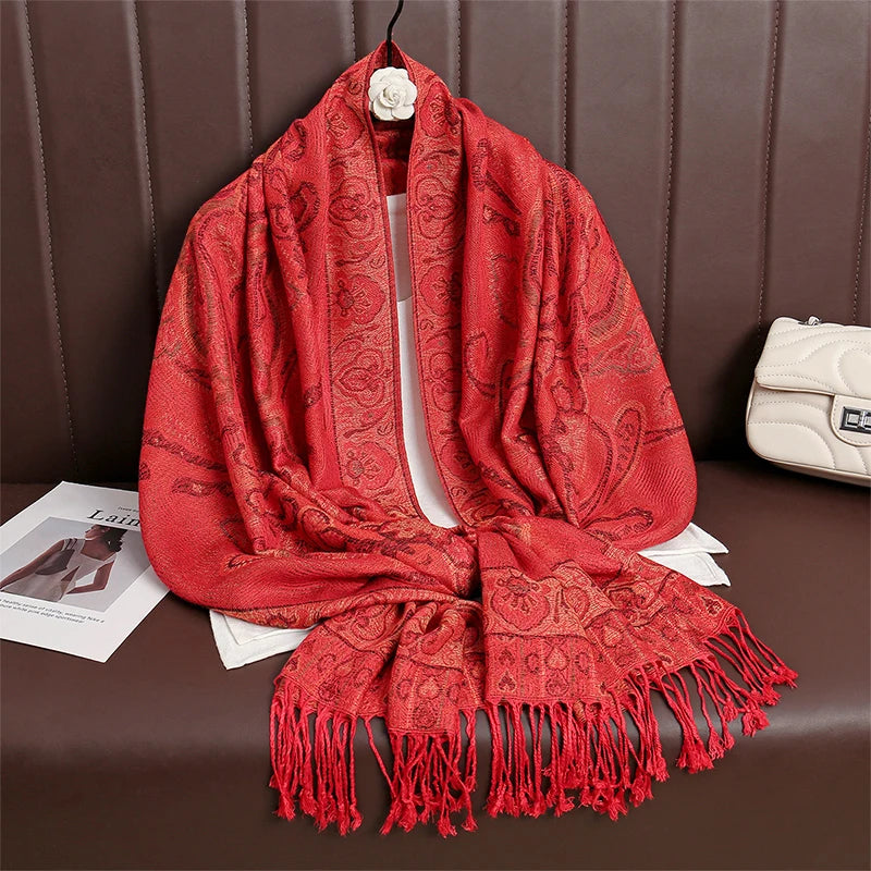 Women’s Paisley Cashmere-Feel Pashmina Shawl – Tassel Hijab Head Wrap & Winter Scarf 2025