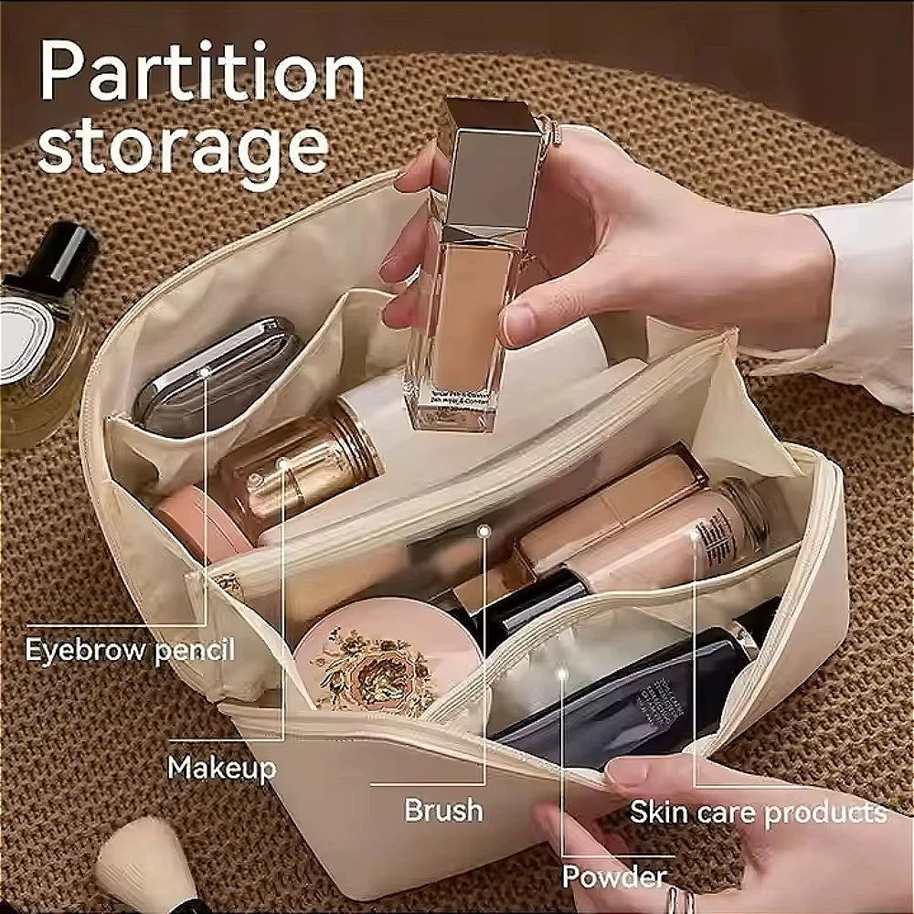 Large Travel Cosmetic Bag for Women – Leather Makeup Organizer & Toiletry Kit Pouch