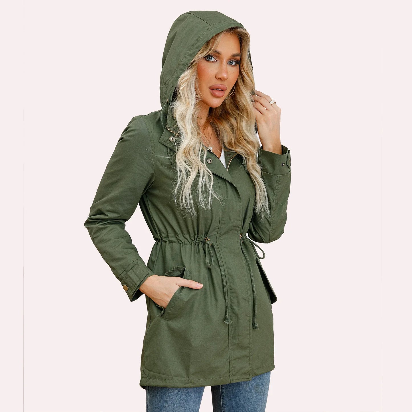 Burgundy Women Hooded Jacket, Green Long Sleeves Windproof Jackets