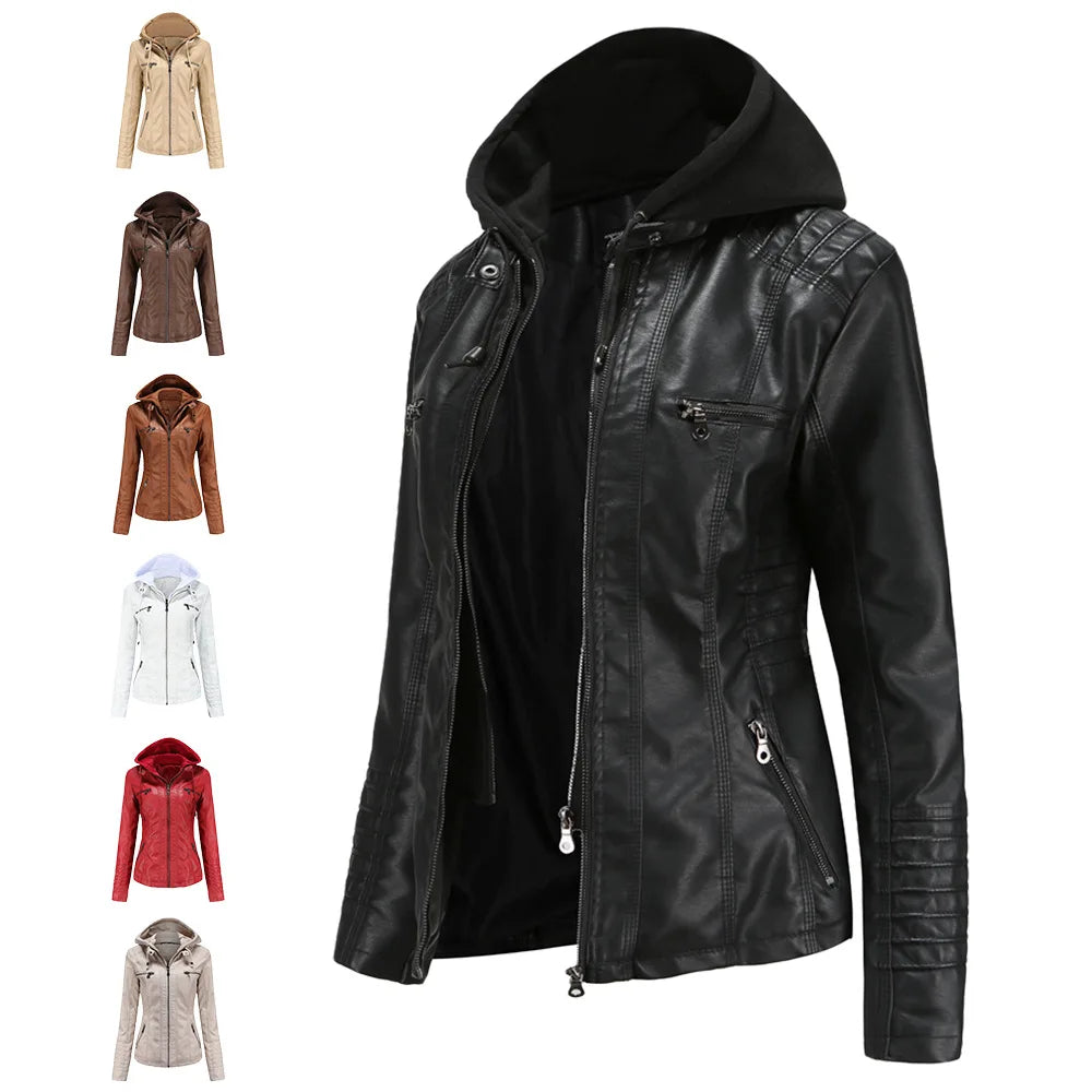 Women’s Oversized PU Leather Hoodie – Zipper Motorcycle Jacket for Spring & Autumn