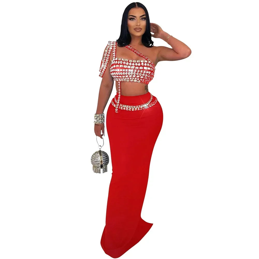 Women's Glam Two-Piece Dress Set – Diamond Camisole & Floor-Length Fitted Skirt | High Street Style for Evening & Party Nights