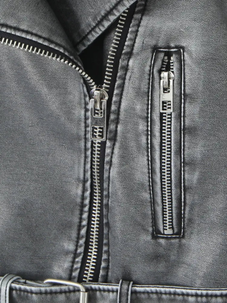 Retro Gray Faux Leather Biker Jacket – High Street Short Belted Coat (Autumn/Winter 2025)