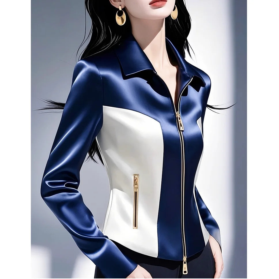 Women’s White & Blue Patchwork Satin Jacket – 2025 Early Spring Slim Waist Zipper Coat