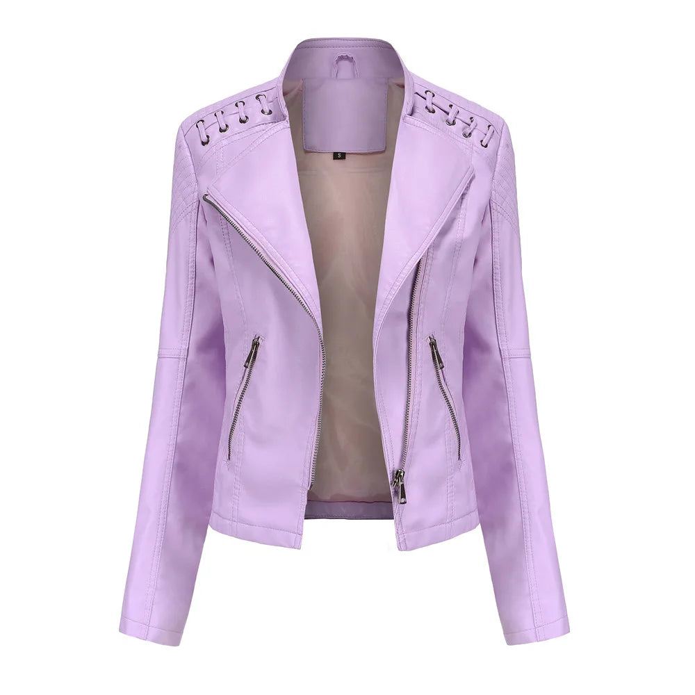Women’s 12-Color PU Leather Jacket – Lapel Zip-Up Overcoat S–4XL