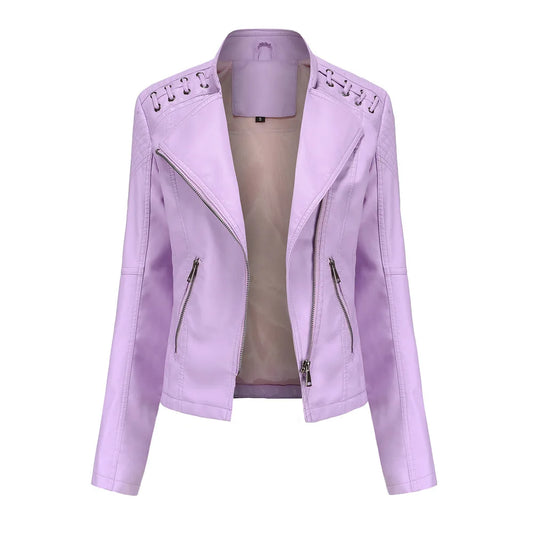 Women’s 12-Color PU Leather Jacket – Lapel Zip-Up Overcoat S–4XL
