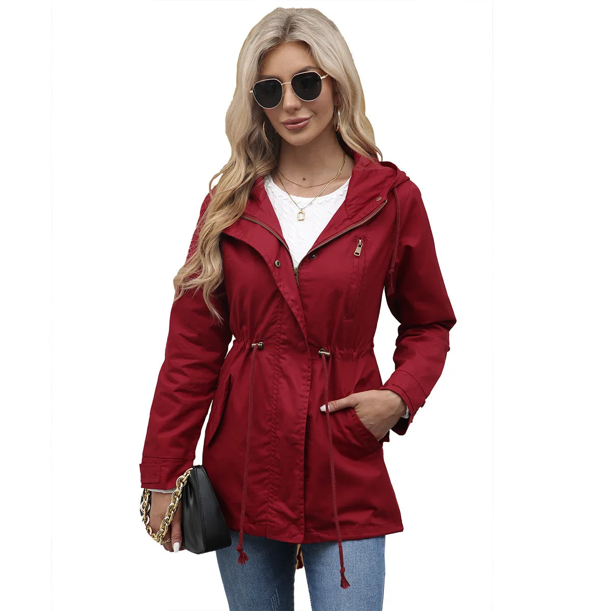 Burgundy Women Hooded Jacket, Green Long Sleeves Windproof Jackets