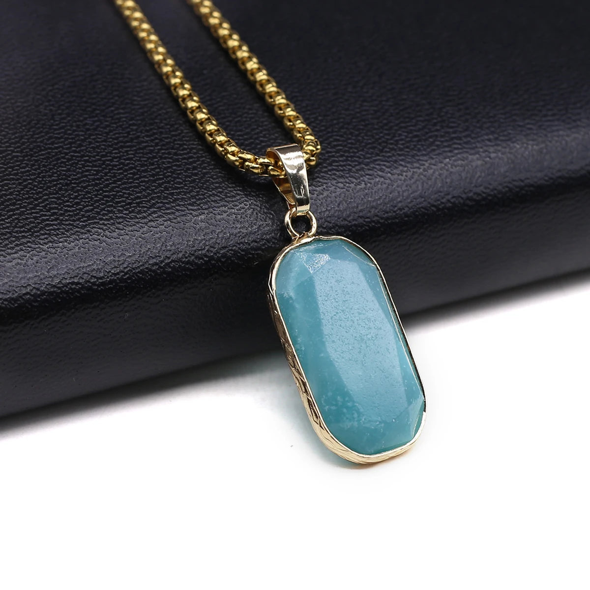 Natural Stone Aquamarine & Obsidian Hexagonal Pendant Necklace – Energy Crystal Jewelry Gift for Men & Women