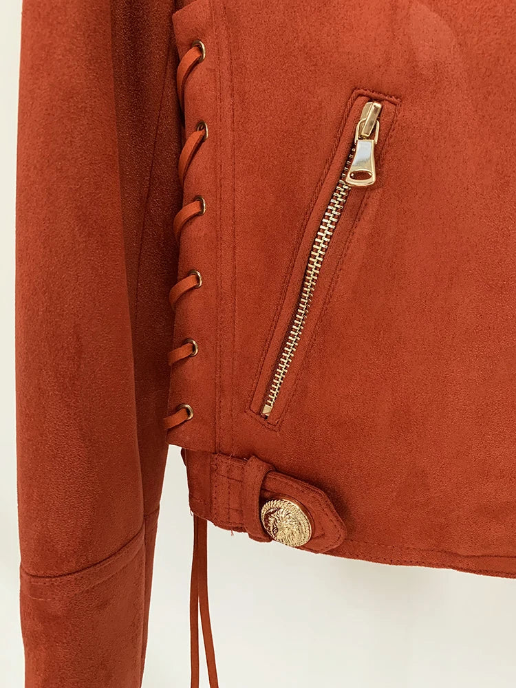 Women's 2024 F/W High Street Designer Biker Jacket – Faux Suede with Rope Lace-Up Detail, Beaded Logo & Edgy Motorcycle Style