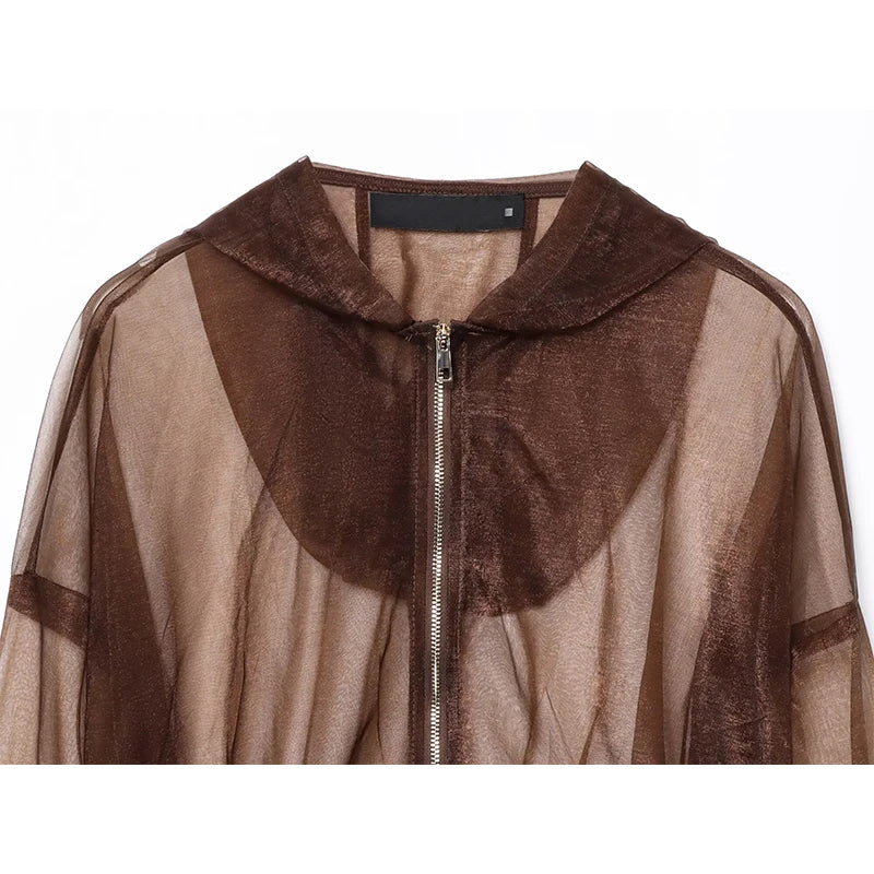 YENKYE Semi-Sheer Organza Hooded Jacket